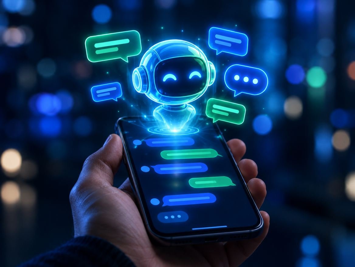 Asistente con inteligencia artificial respondiendo mensajes desde un celular