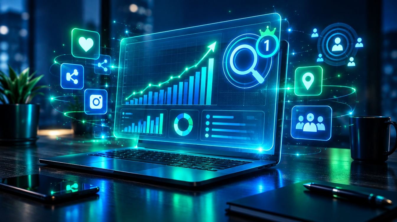 Panel de marketing digital con crecimiento de visitas, redes sociales y posicionamiento en buscadores
